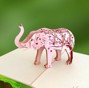 Pink Elephant with Red Heart Tree 3D Pop Up Greeting Card
