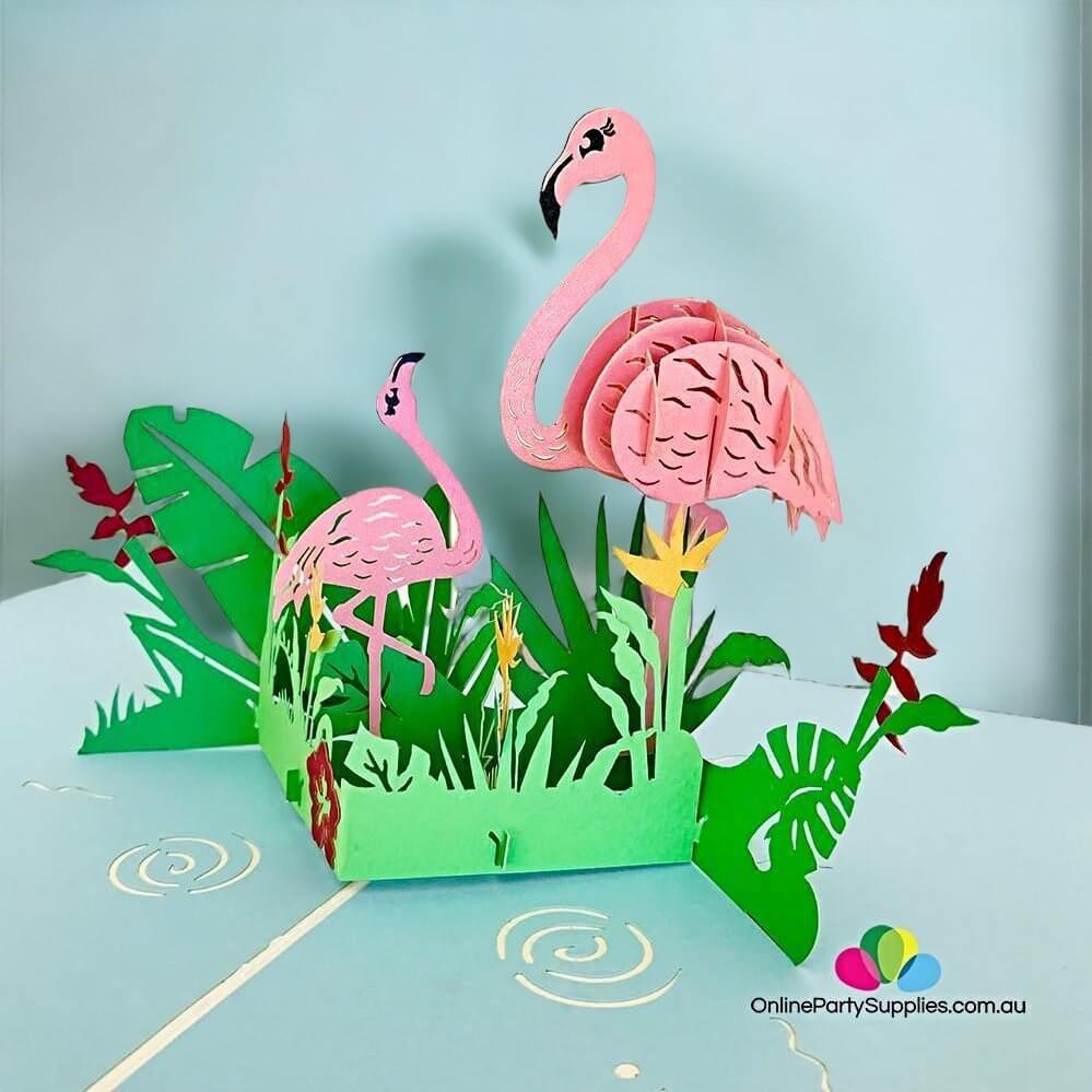 Pink Flamingo Mum & Baby in Garden 3D Pop Up Card - Online Party Supplies