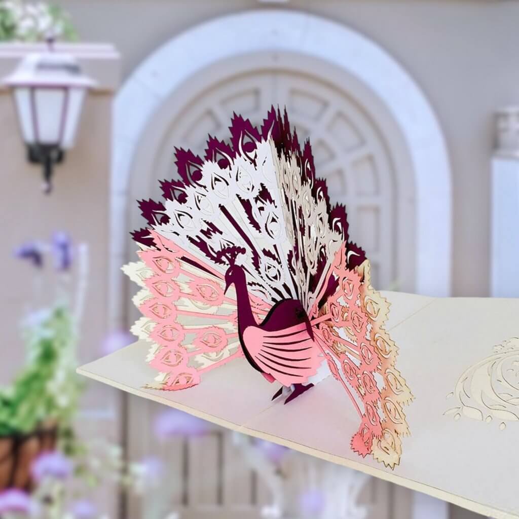 Handmade Pink Peacock Pop Up Greeting Card - Online Party Supplies