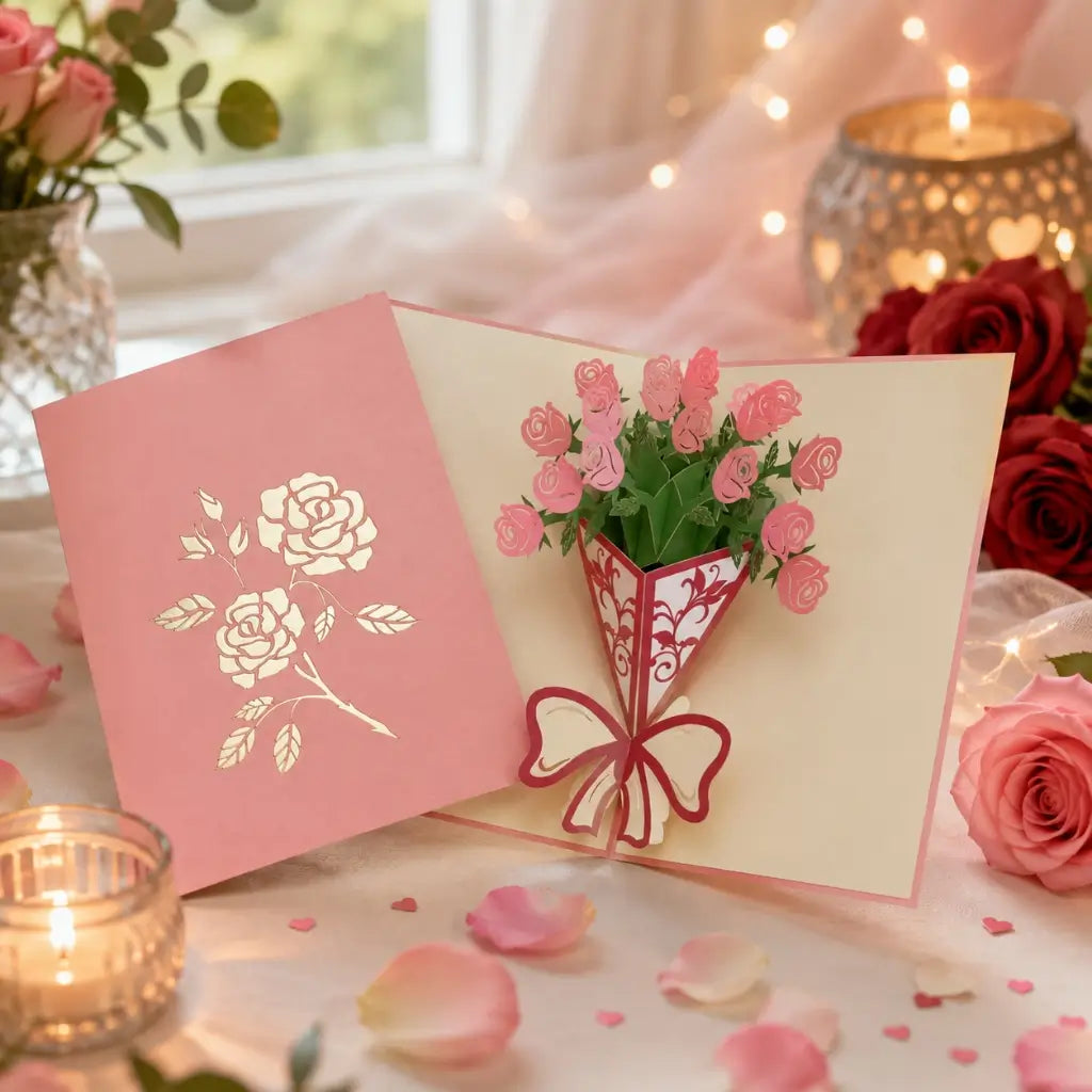 Pink Rose Bouquet 3D Pop Up Greeting Card