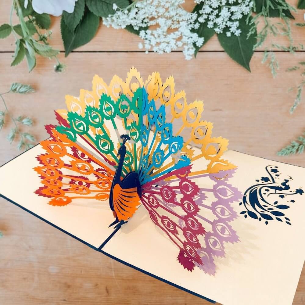 Handmade Rainbow Peacock Pop Up Greeting Card - Online Party Supplies