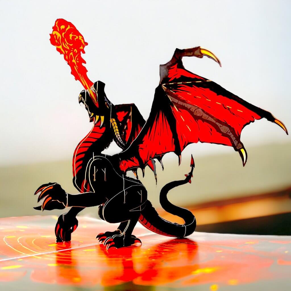 Fire Breathing Black Dragon Origami Pop Card