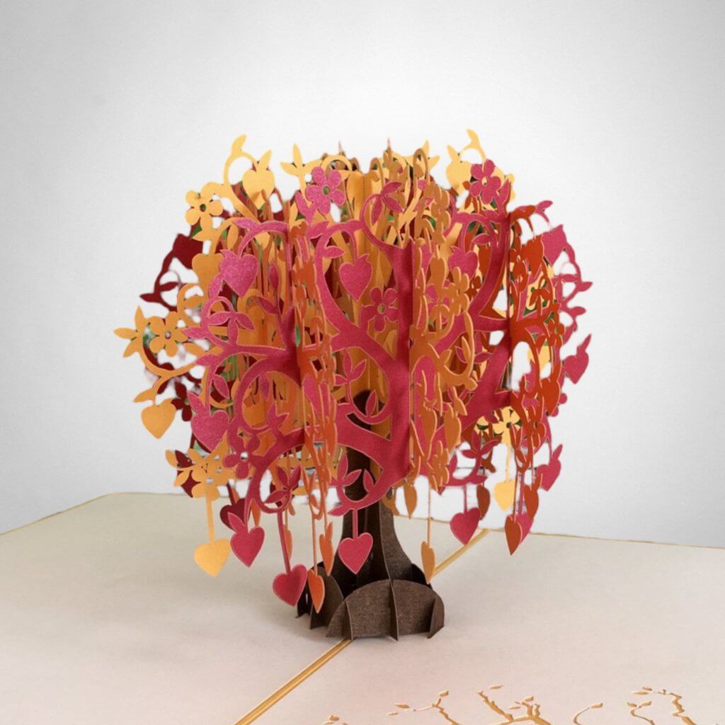 Handmade Red Gold Tree Of Love Hearts 3D Pop Up Card - Online Party Supplies
