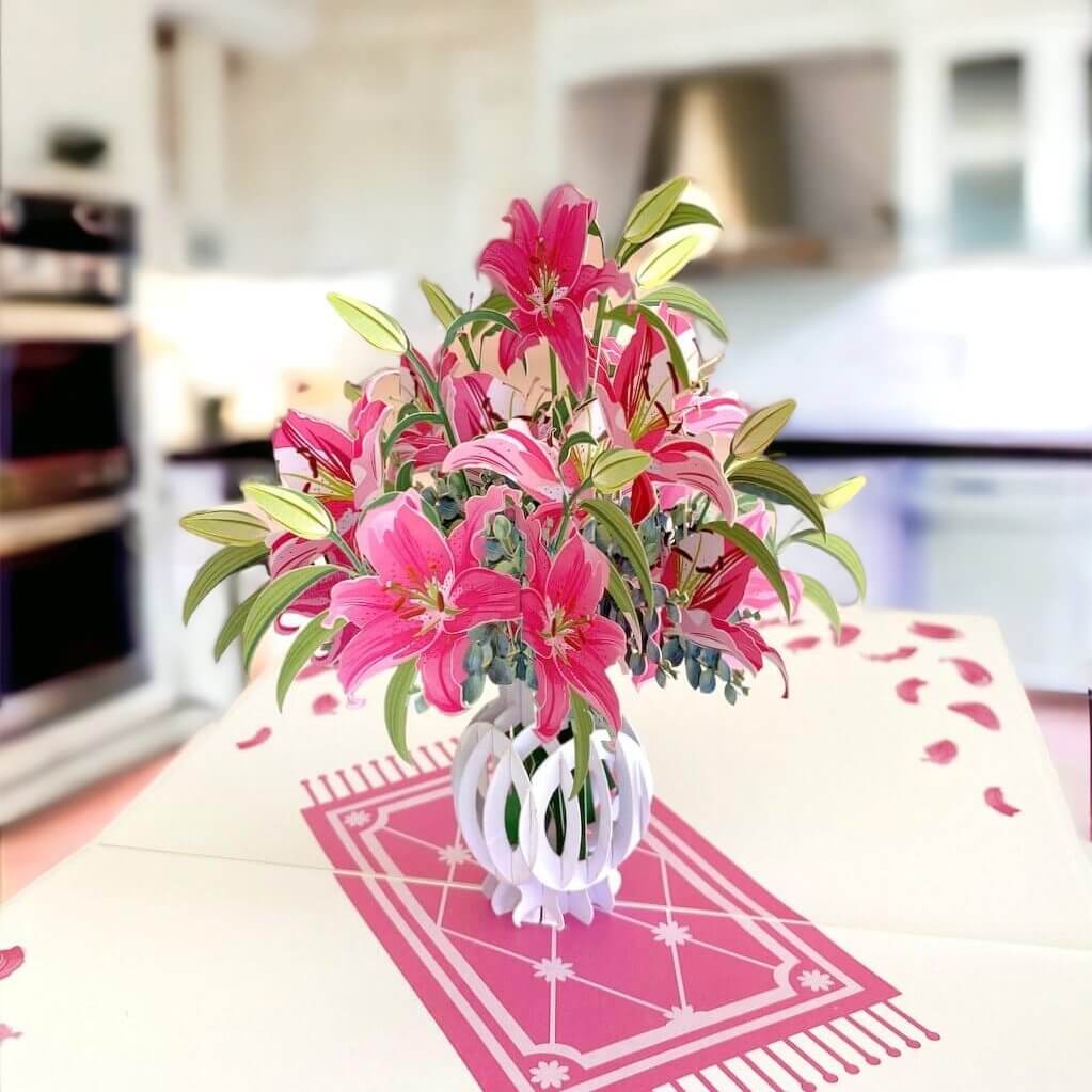 Red Pink Lush Oriental Lily Bouquet in Vase 3D Pop Card