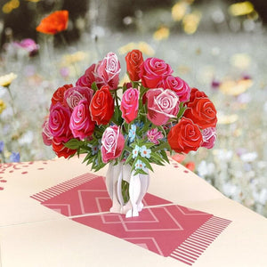Red & Pink Rose Bouquet in White Vase 3D Pop Up Card