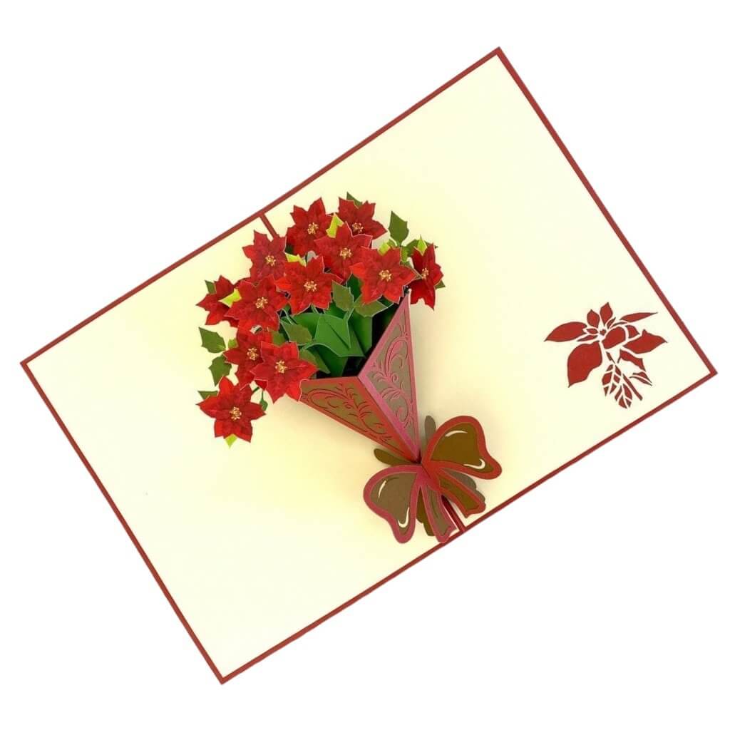 Traditional Christmas Red Poinsettia Flower Bouquet Pop Up Greeting Card - 3D Christmas Cards