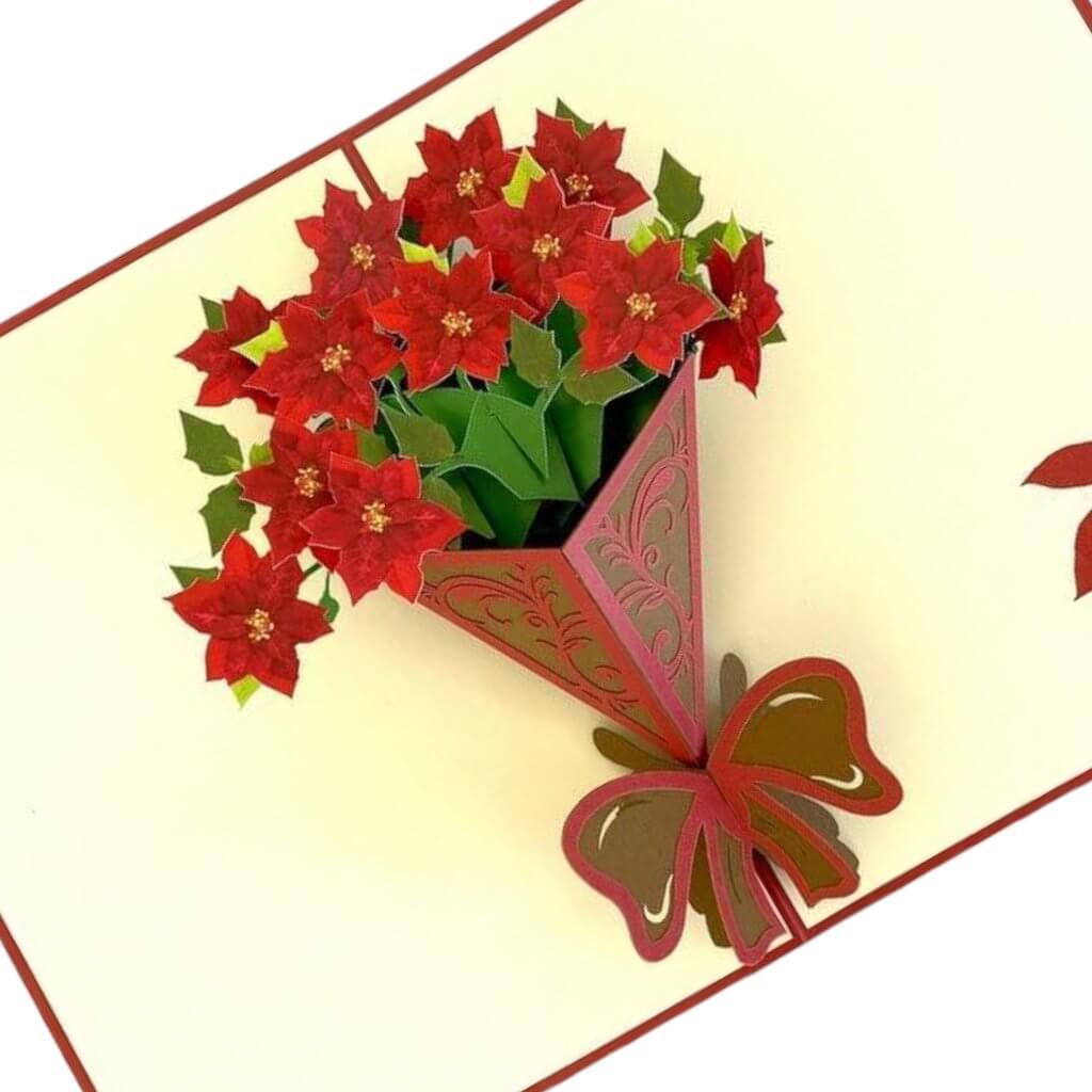 Traditional Christmas Red Poinsettia Flower Bouquet Pop Up Greeting Card - 3D Christmas Cards