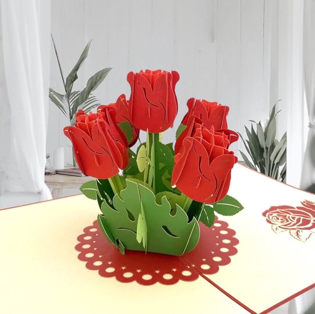 Handmade Red Rose Bouquet 3D Pop Up Greeting Card - Mother's Day, Valentine's Day Pop Up Cards - Wedding Invitations