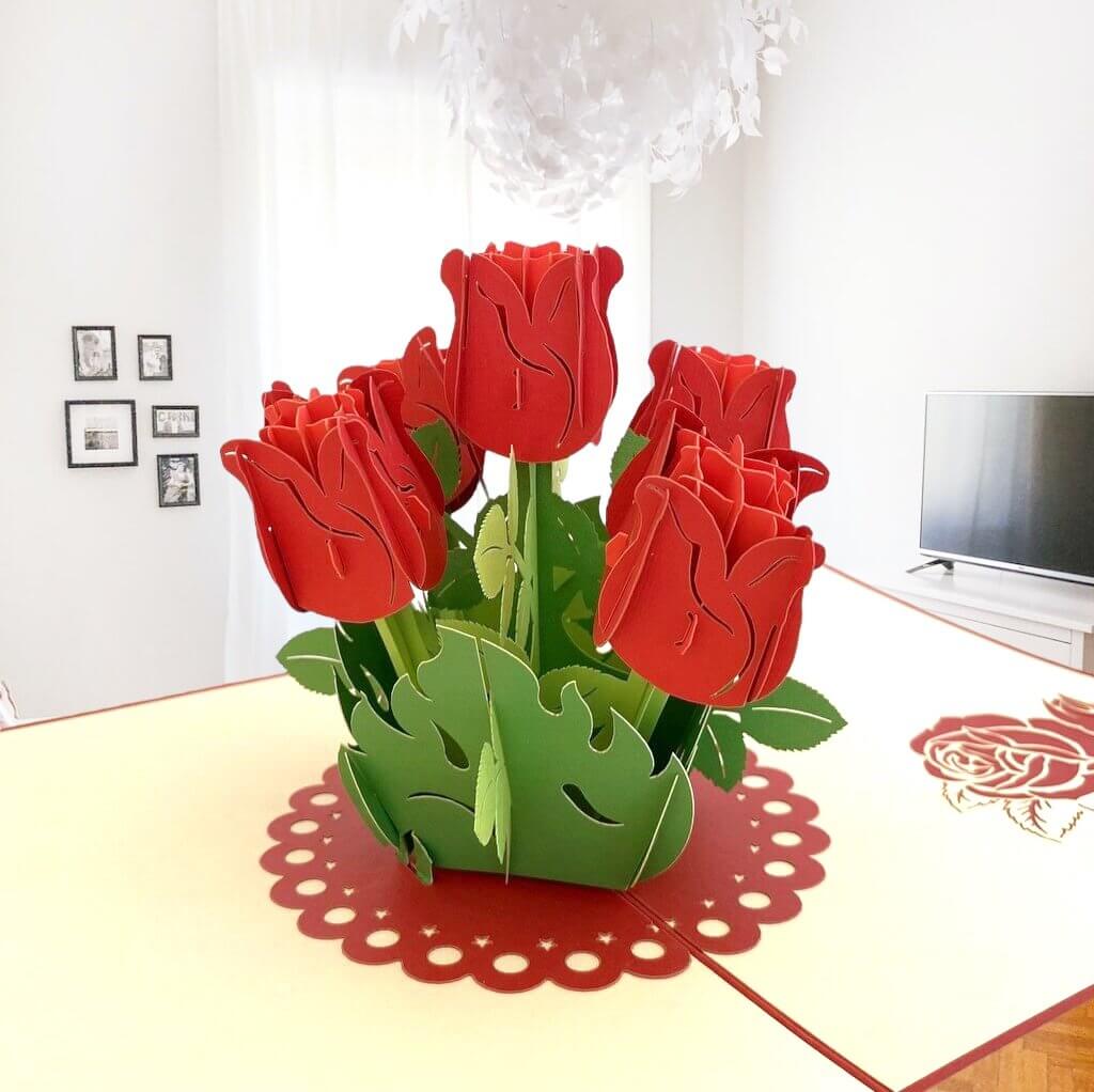 Handmade Red Rose Bouquet 3D Pop Up Greeting Card - Mother's Day, Valentine's Day Pop Up Cards - Wedding Invitations