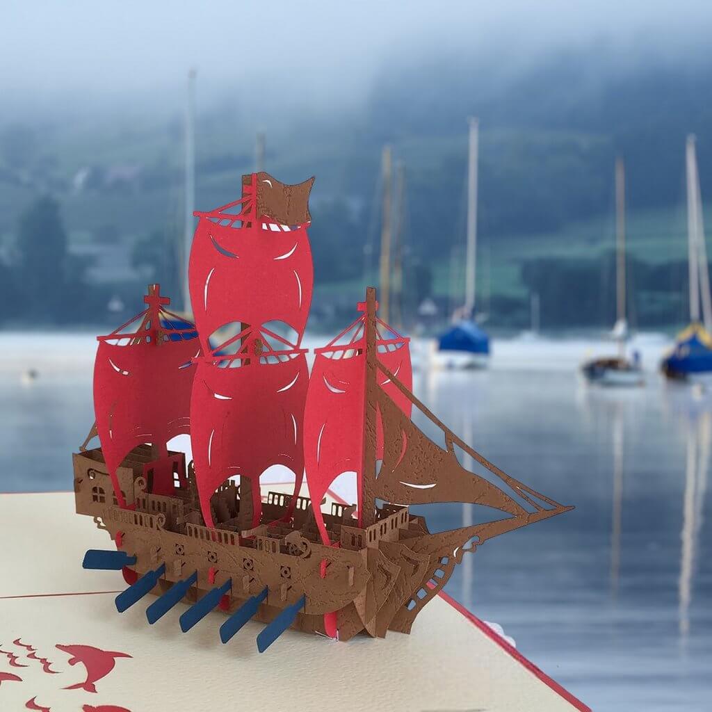 Handmade Red Viking Ship Pop Up Card - Online Party Supplies