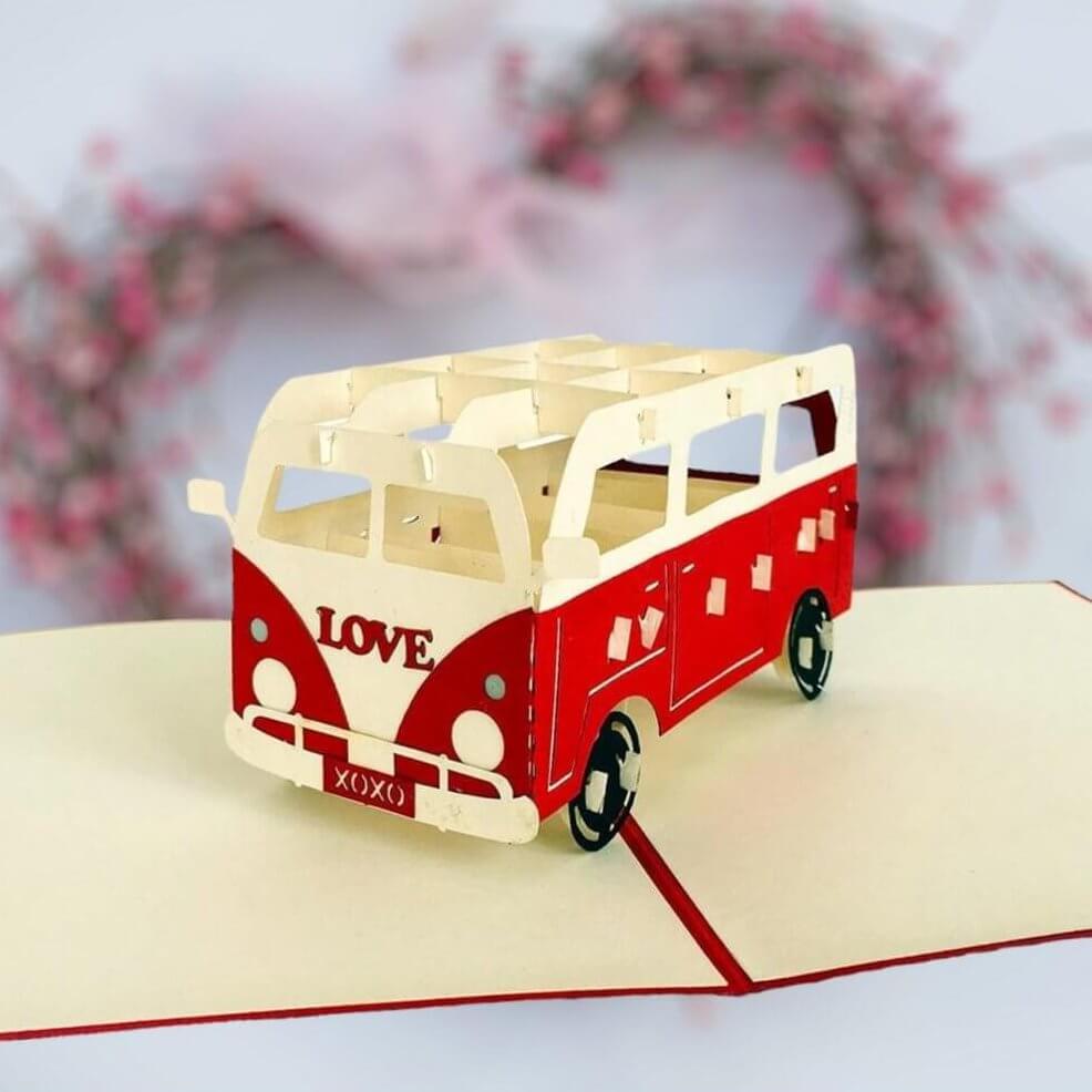 Handmade Red Vintage VW Kombi Camper Pop Up Card - Online Party Supplies