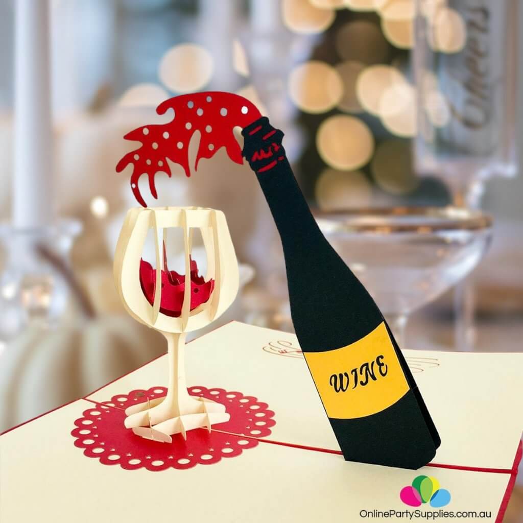Handmade Red Wine Bottle and Glass 3D Pop Up Card - Online Party Supplies
