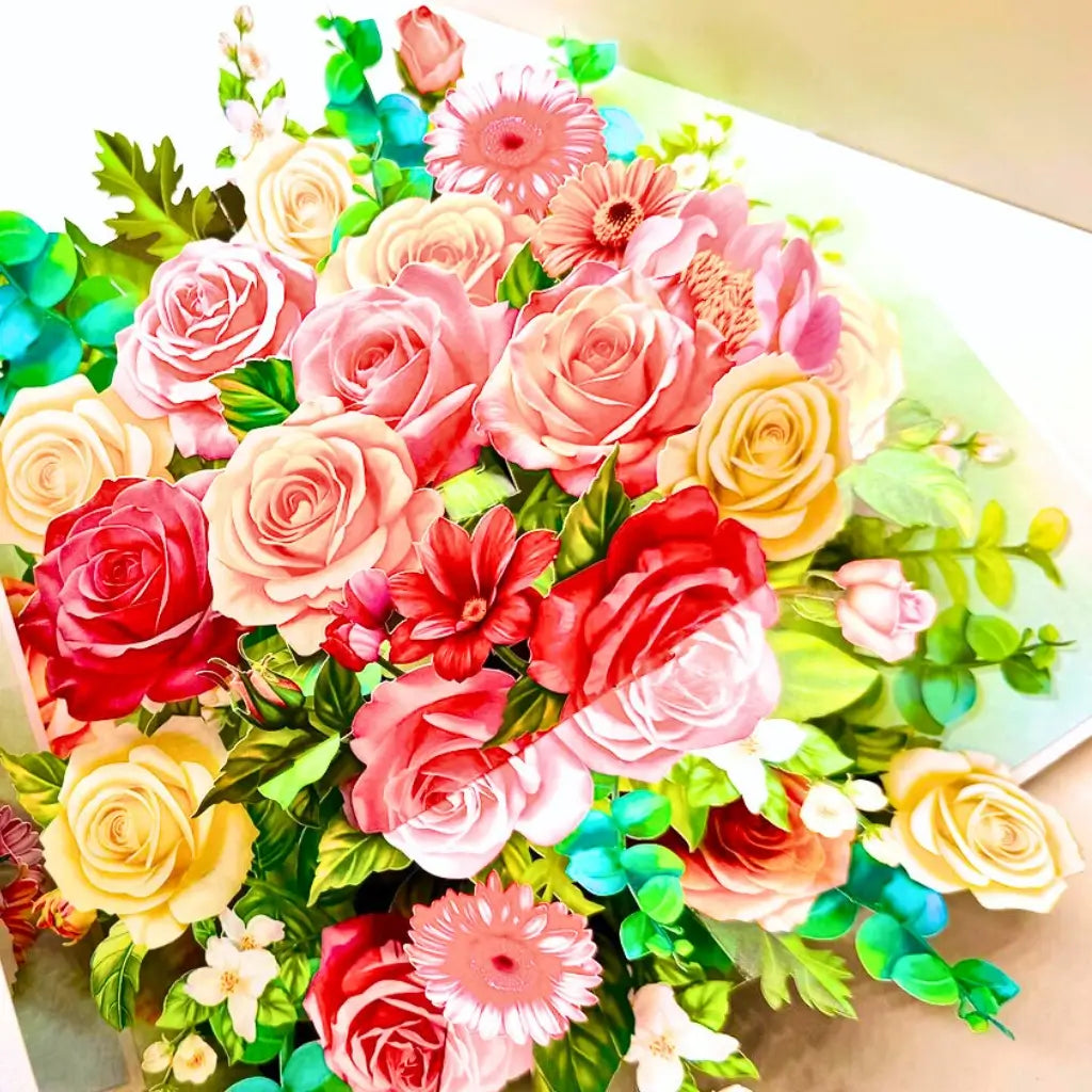 colourful rose garden pop up greeting card