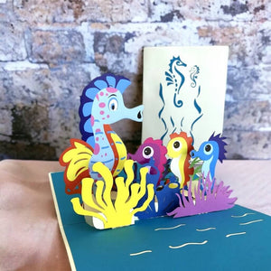 Handmade Seahorse Mum And Babies Pop Up Greeting Card