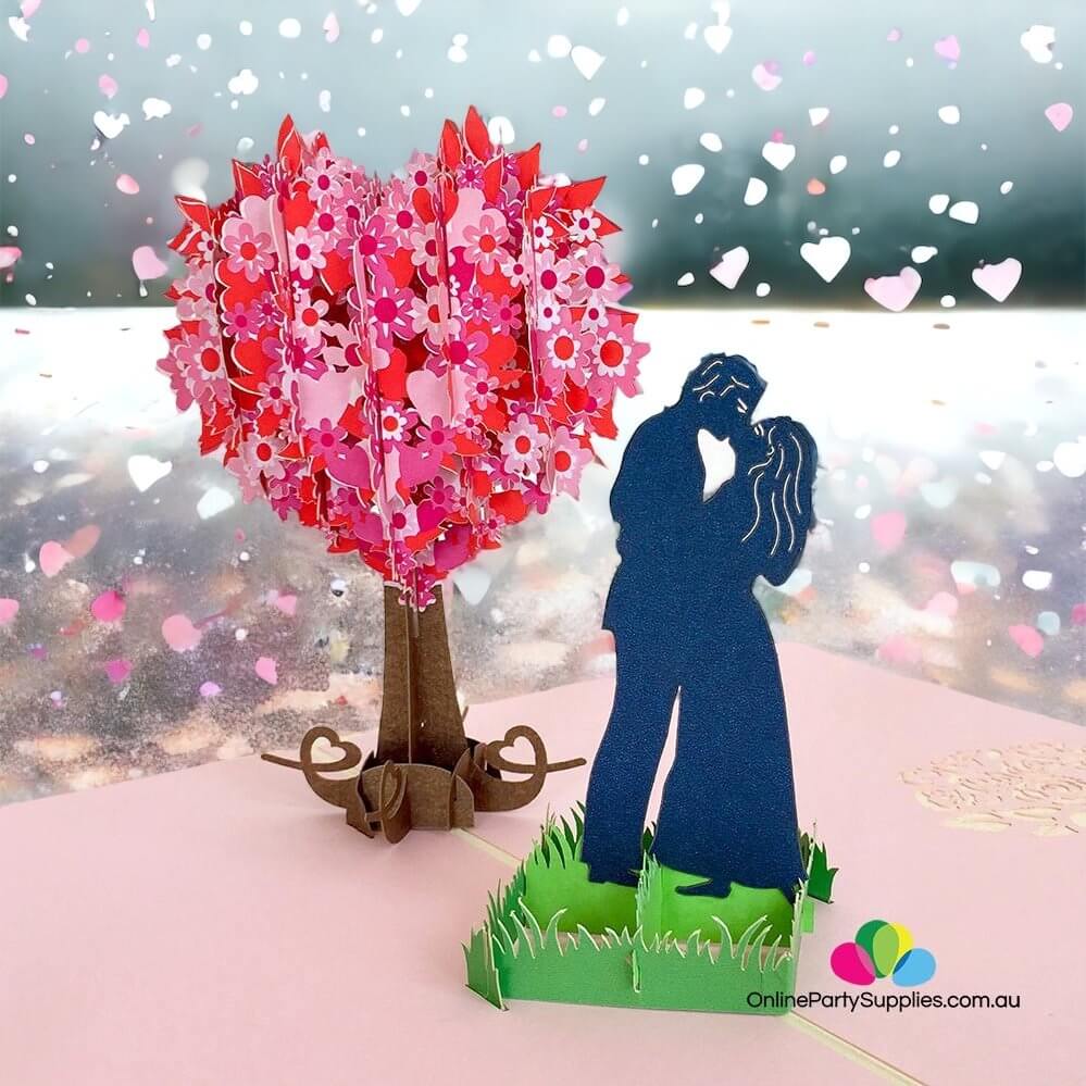 Silhouette Couple Kissing Near Pink Heart Tree 3D Card