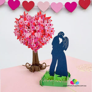 Handmade Silhouette Couple Kissing Near Pink Heart Tree 3D Pop Up Card