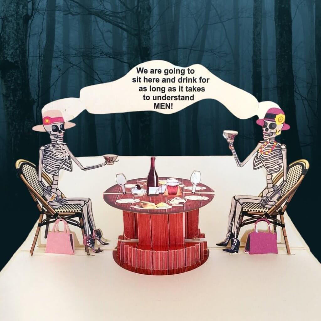 Handmade Funny Skeleton Ladies Chatting in Tearoom Halloween Pop Up Card