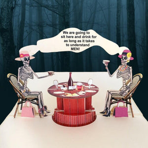 Handmade Funny Skeleton Ladies Chatting in Tearoom Halloween Pop Up Card
