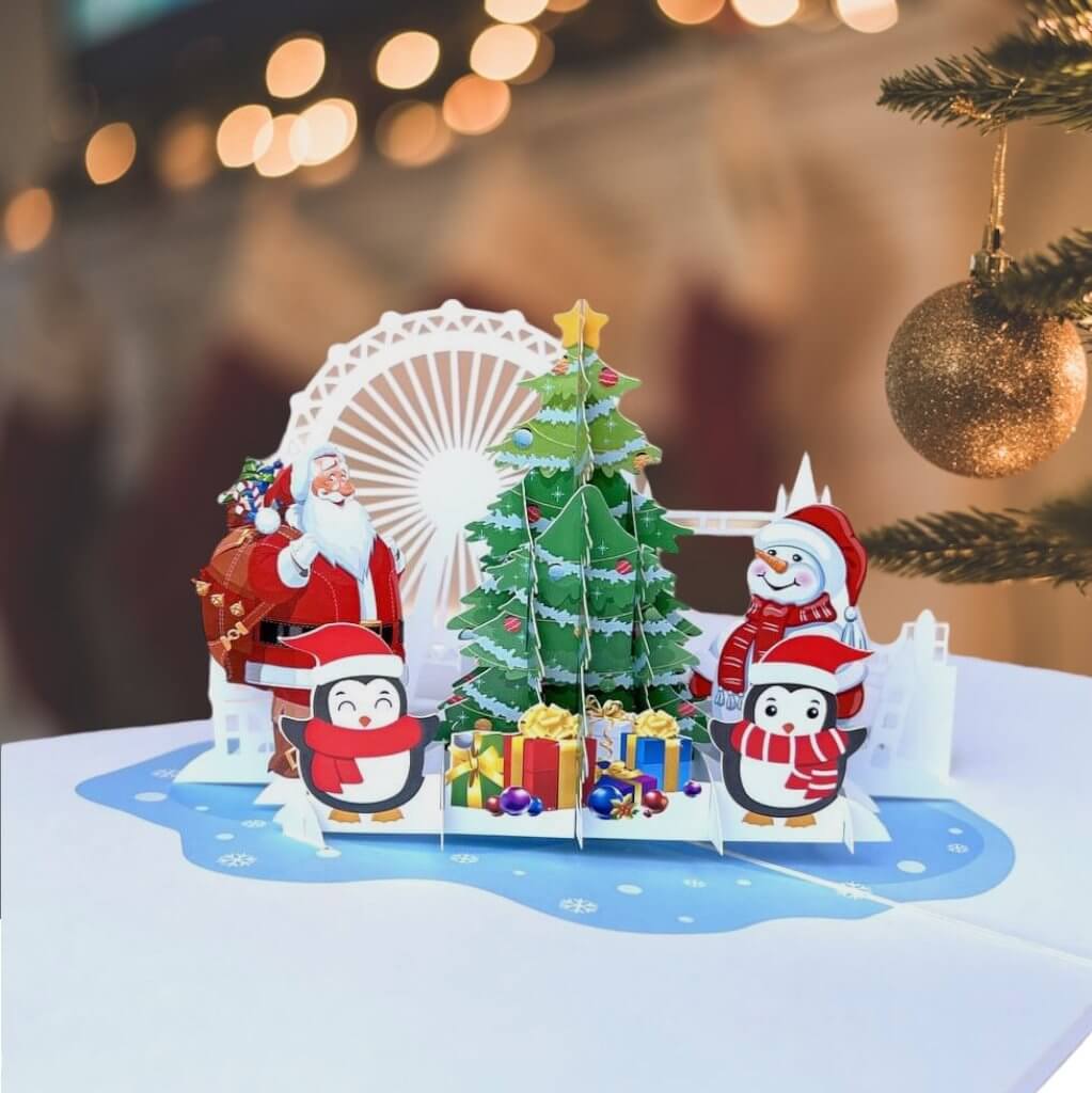 Santa Snowman & Penguin Around Christmas Tree 3D Pop Up Card