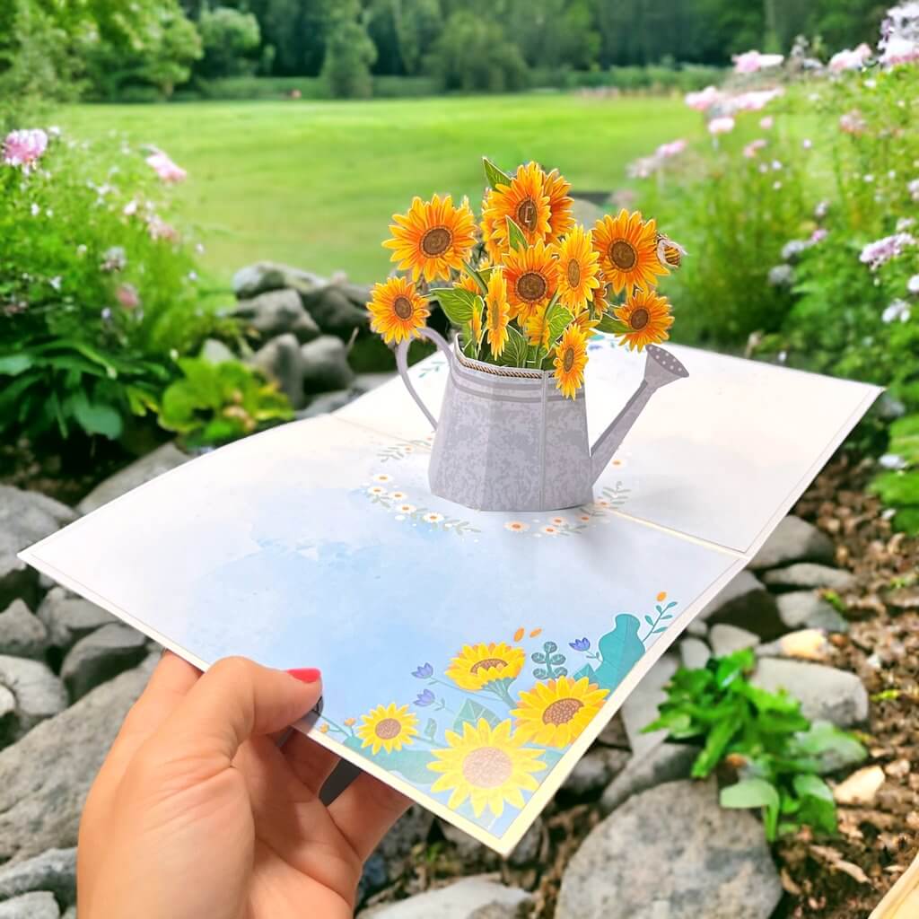 Sunflowers & Bees in Vintaged Silver Watering Can Pop Card