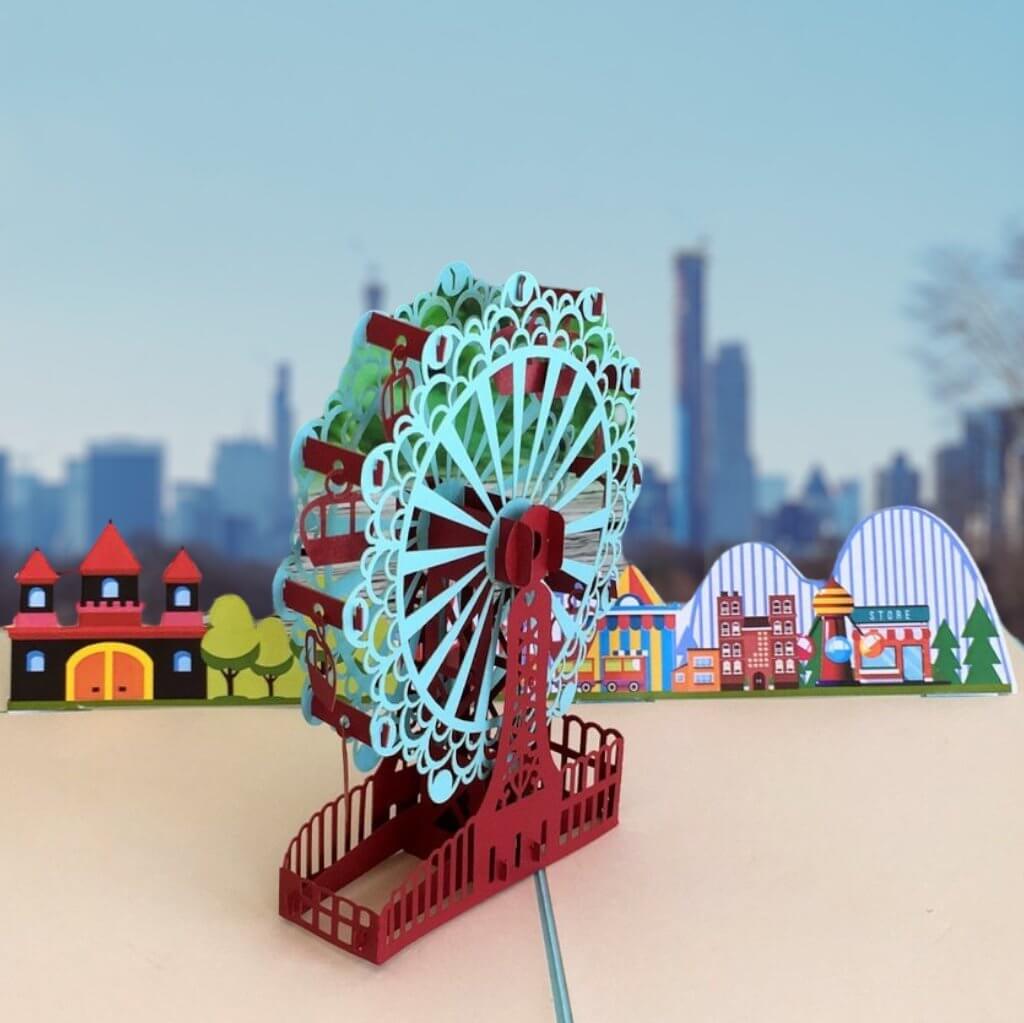 Handmade Turquoise Ferris Wheel 3D Pop Up Card - Online Party Supplies