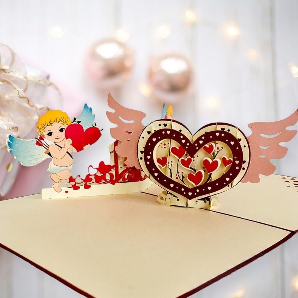 Handmade Two Cupids and Heart Pop Up Valentine's Day Card - Online Party Supplies