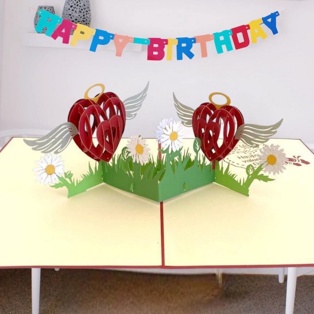Online Party Supplies Australia Two Red Hearts with Wings 3D Pop Up Valentine's Day Card For Him