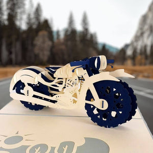 Handmade White and Blue Motorbike Pop Up Card - Online Party Supplies