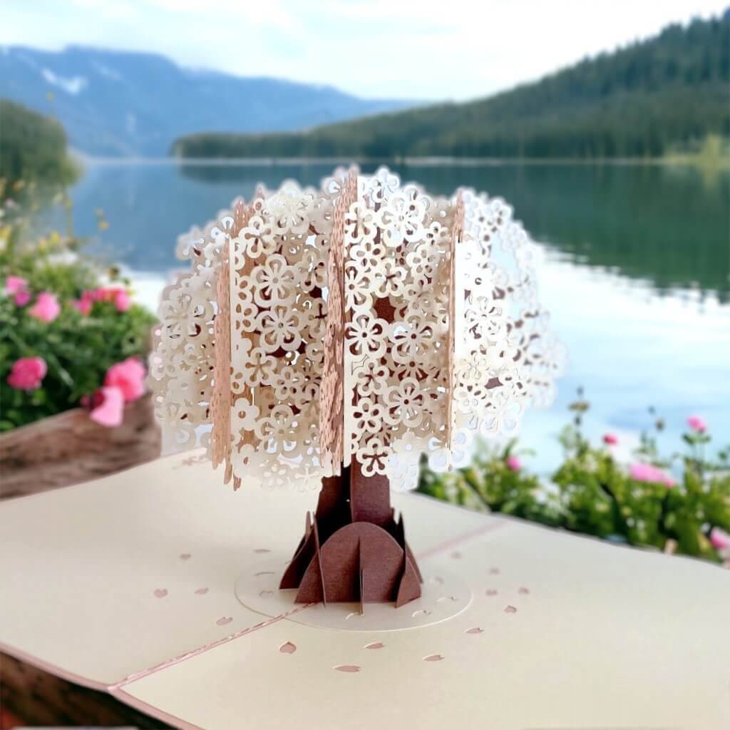 Handmade White Cherry Blossom Tree 3D Pop Up Card