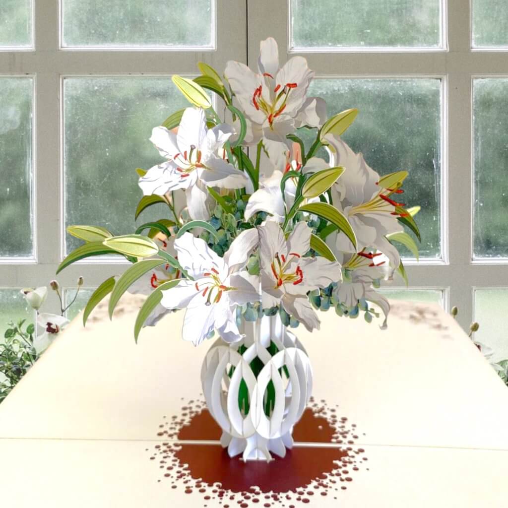 Handmade White Lush Oriental Lily Bouquet in Vase 3D Pop Up Card