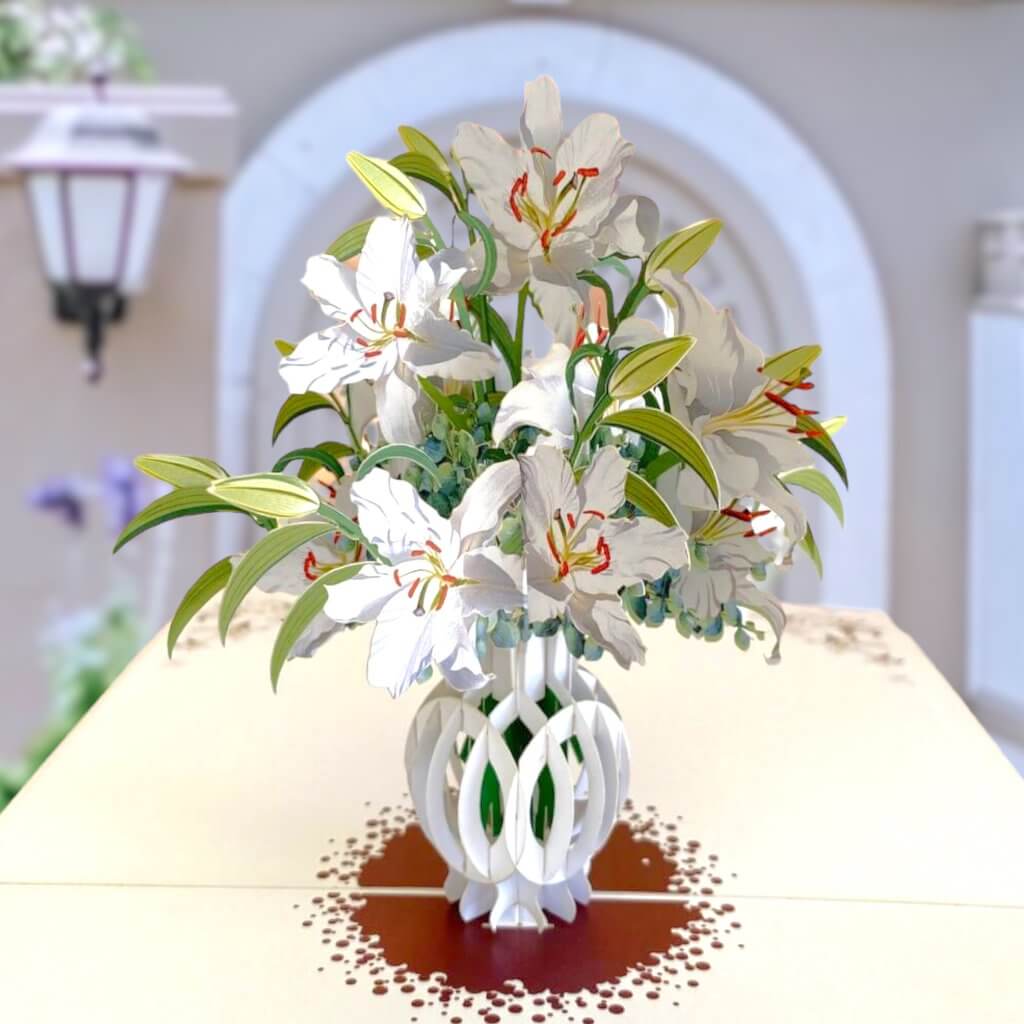 Handmade White Lush Oriental Lily Bouquet in Vase 3D Pop Up Card