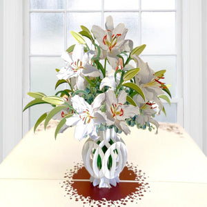 Handmade White Lush Oriental Lily Bouquet in Vase 3D Pop Up Card