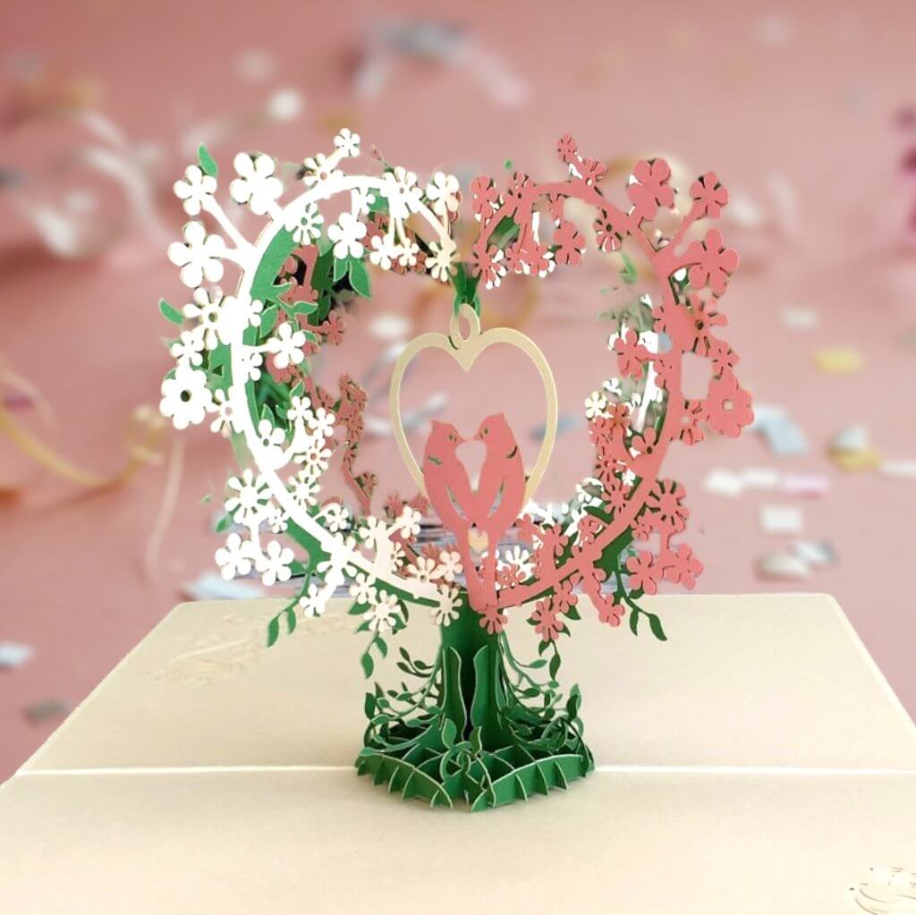 Handmade White Pink Love Birds Tree 3D Pop Up Valentine's Day Card - Online Party Supplies