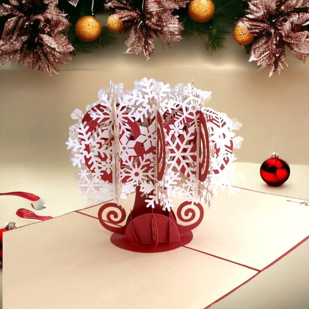Handmade White & Red Christmas Snowflake Tree Pop Up Greeting Card - Pop Up Christmas Cards