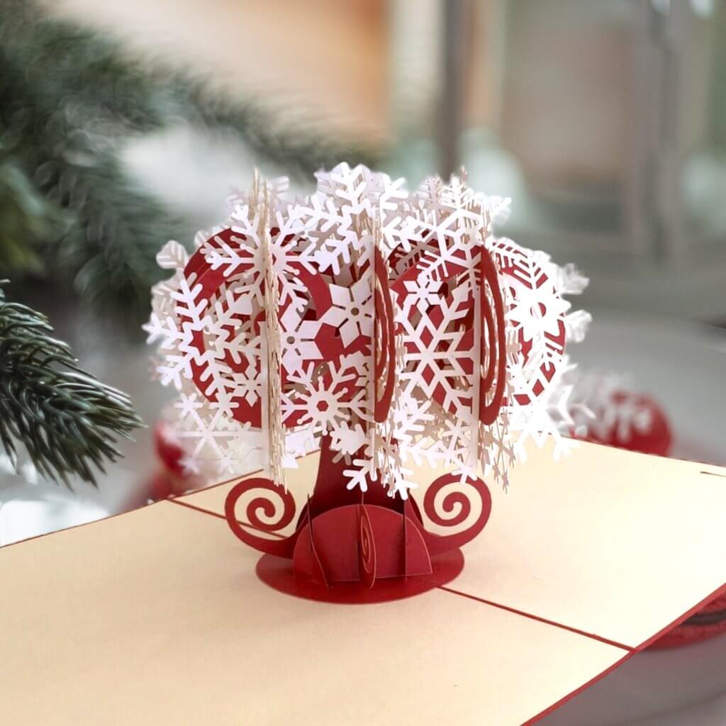 Handmade White & Red Christmas Snowflake Tree Pop Up Greeting Card - Pop Up Christmas Cards