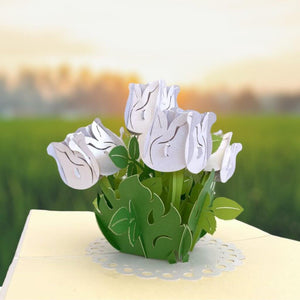Handmade white Rose Bouquet 3D Pop Up Greeting Card - Mother's Day, Valentine's Day Pop Up Cards - Wedding Invitations