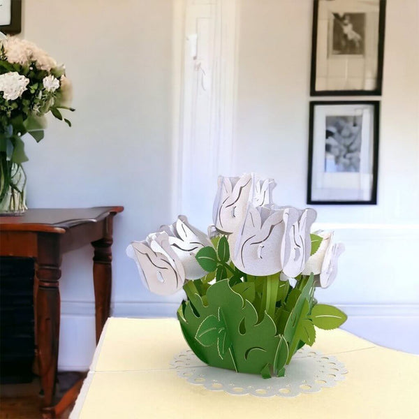 White Rose Bouquet Pop Up Card - Image 3