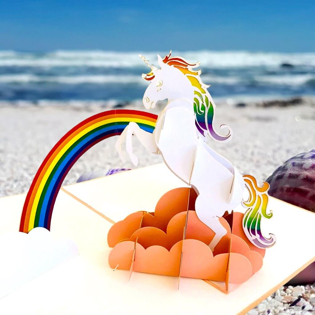 Handmade White Unicorn Over Rainbow Pop Up Card - Online Party Supplies