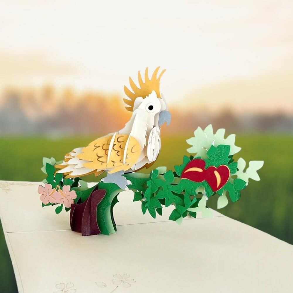 Handmade Yellow White Cockatoo Pop Up Greeting Card - Online Party Supplies