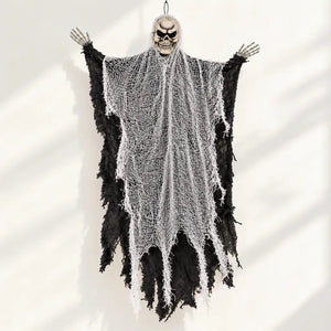 Grim reaper decoration featuring a skull face and raised skeletal hands