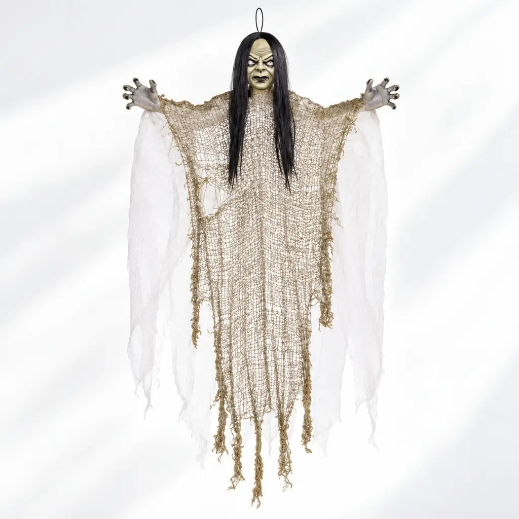 Hanging ghost girl Halloween prop with pale eyes and grey hands