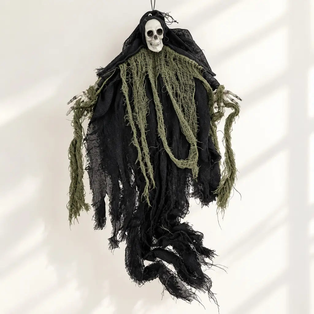 Hanging Grim Reaper Halloween prop with outstretched skeletal hands