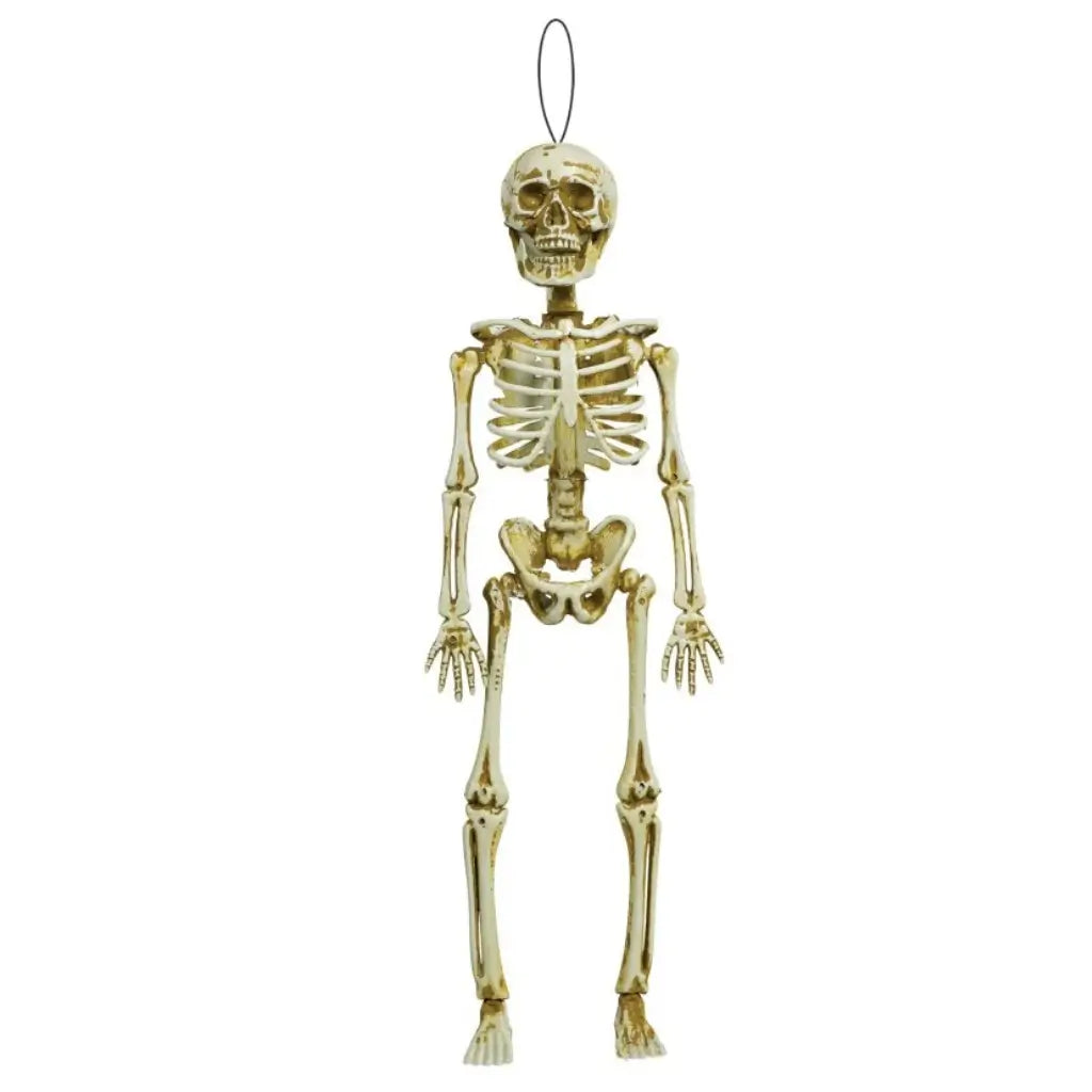 Hanging plastic skeleton Halloween decoration with jointed limbs measuring 39cm