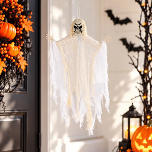 Hanging white ghost Reaper decoration with flowing distressed fabric