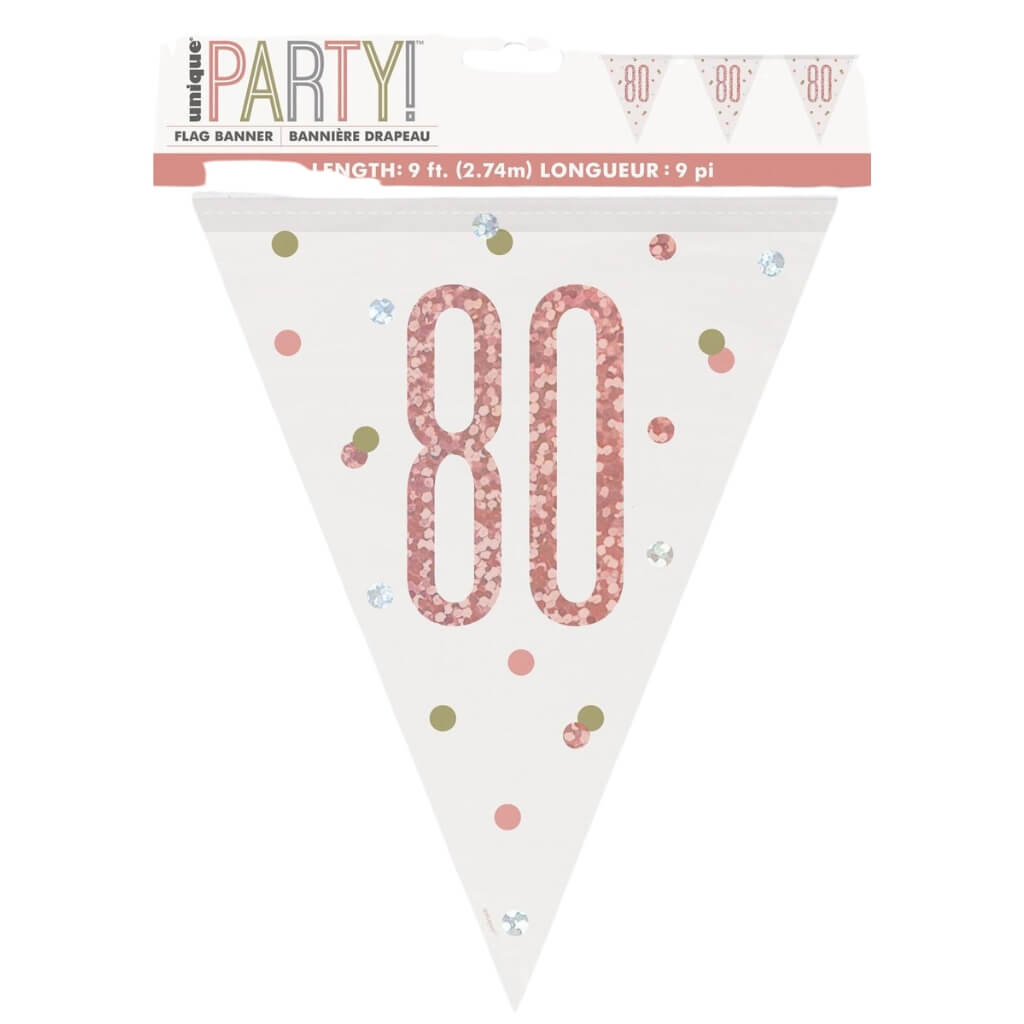 Happy 80th Birthday Rose Gold Prismatic Foil Flag Banner 2.74m party decoration