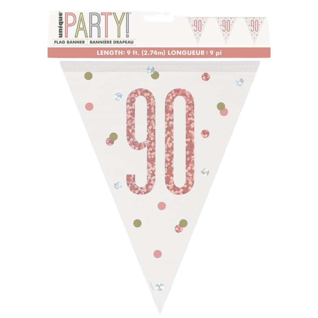 Happy 90th Birthday Rose Gold Prismatic Foil Flag Banner 2.74m