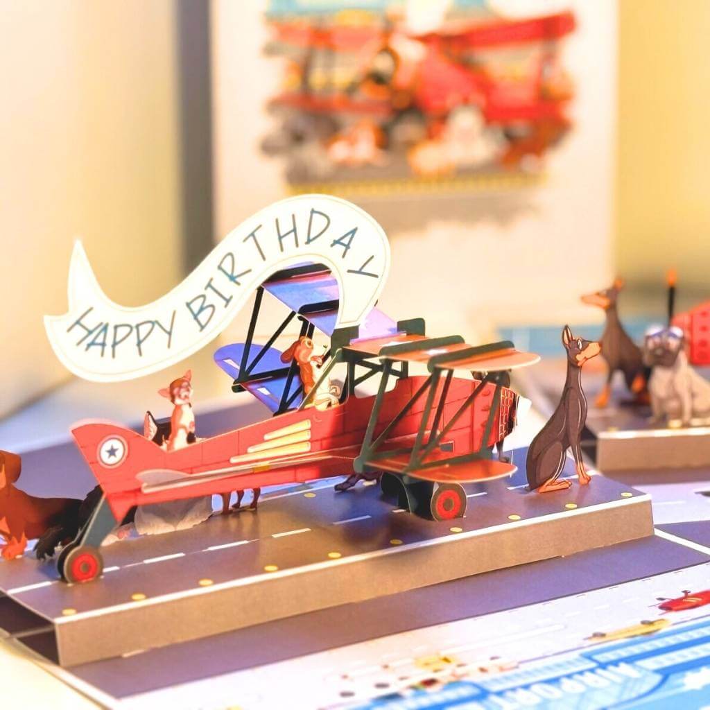 Happy Birthday Antique Aircraft &amp; Dogs 3D Pop Up Greeting Card