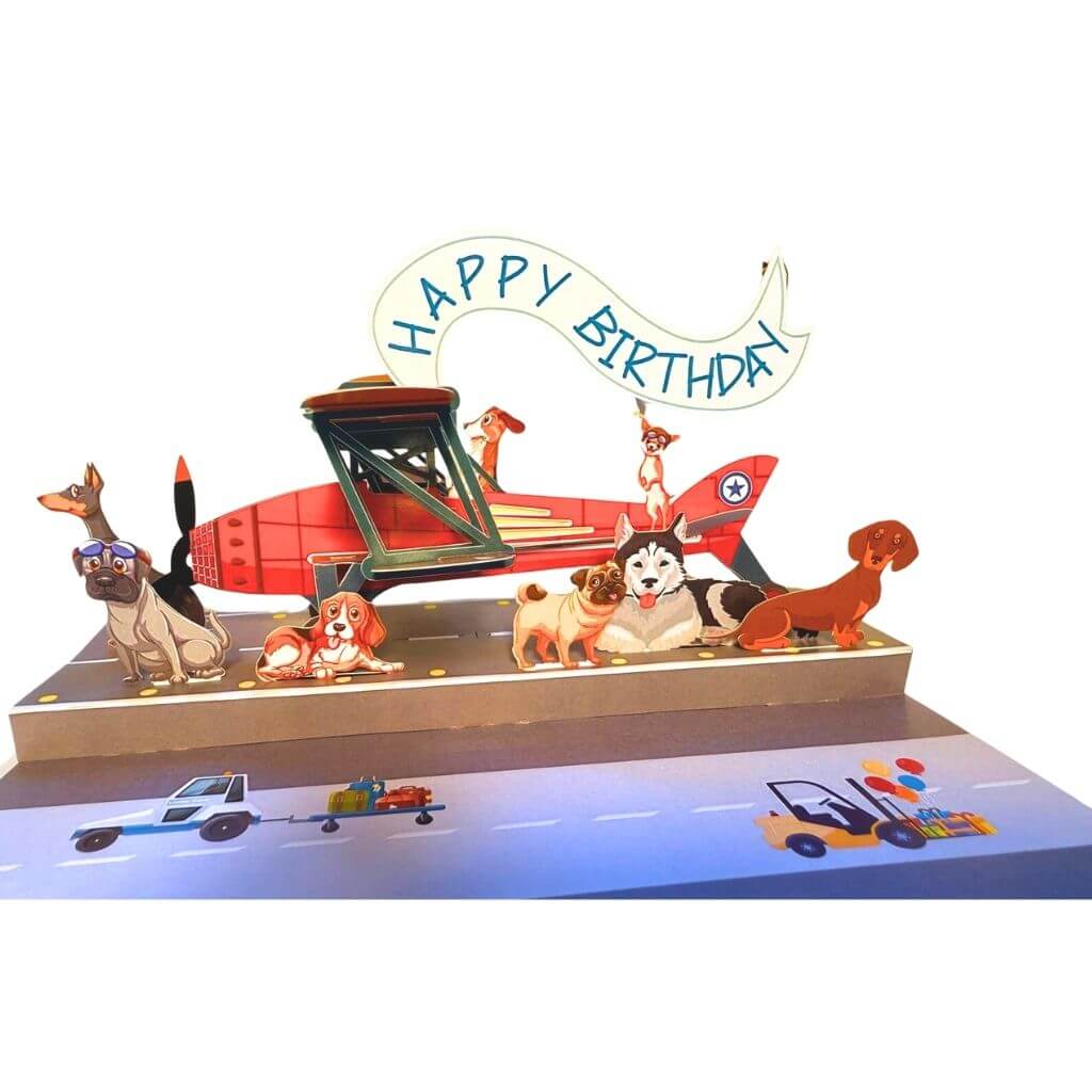 Happy Birthday Antique Aircraft &amp; Dogs 3D Pop Up Greeting Card
