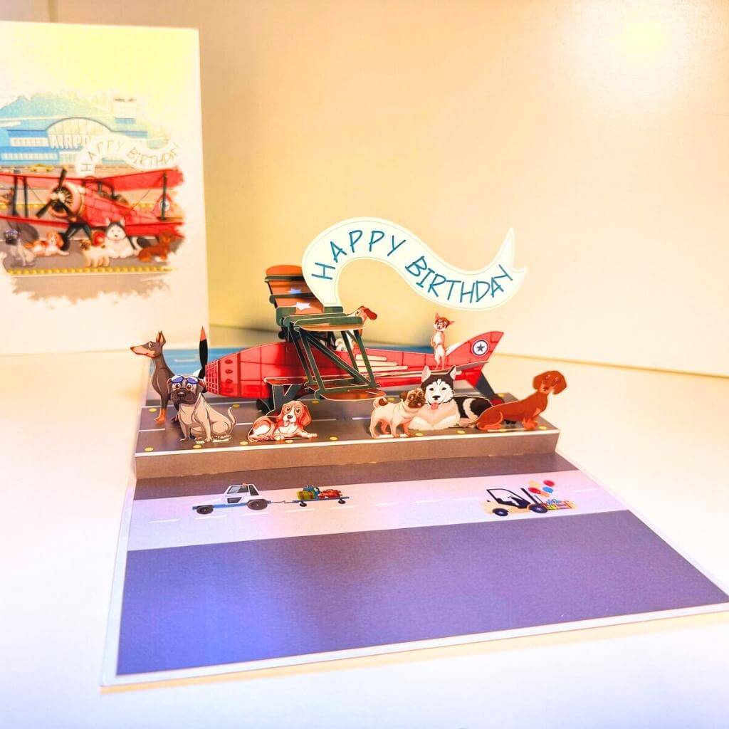 Happy Birthday Antique Aircraft & Dogs Pop Card