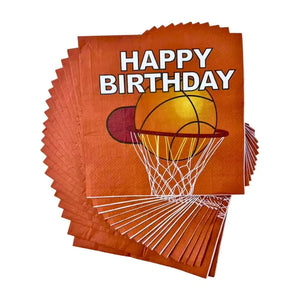 Happy Birthday basketball paper napkins featuring a ball and hoop